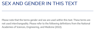 Text from a health sciences OER distinguishing usage of sex and gender terminology.